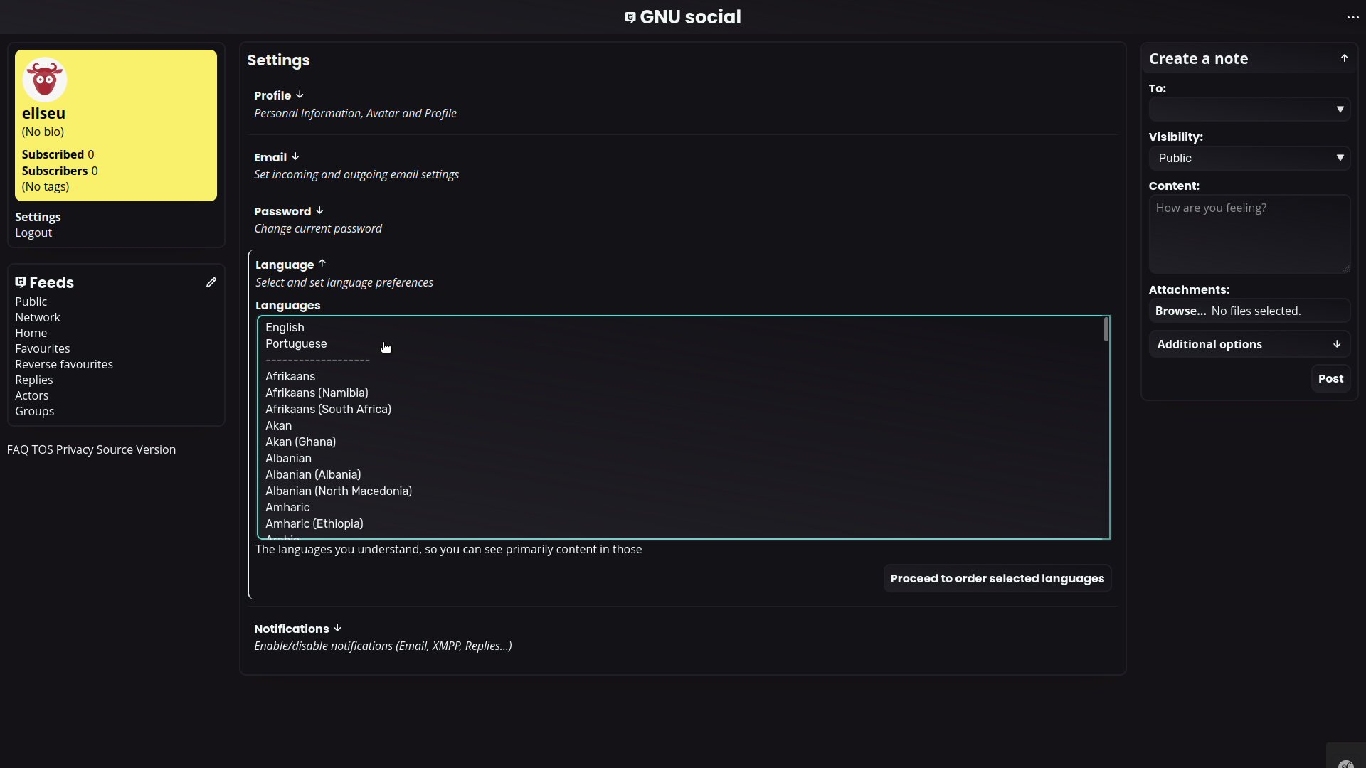  User panel language section 